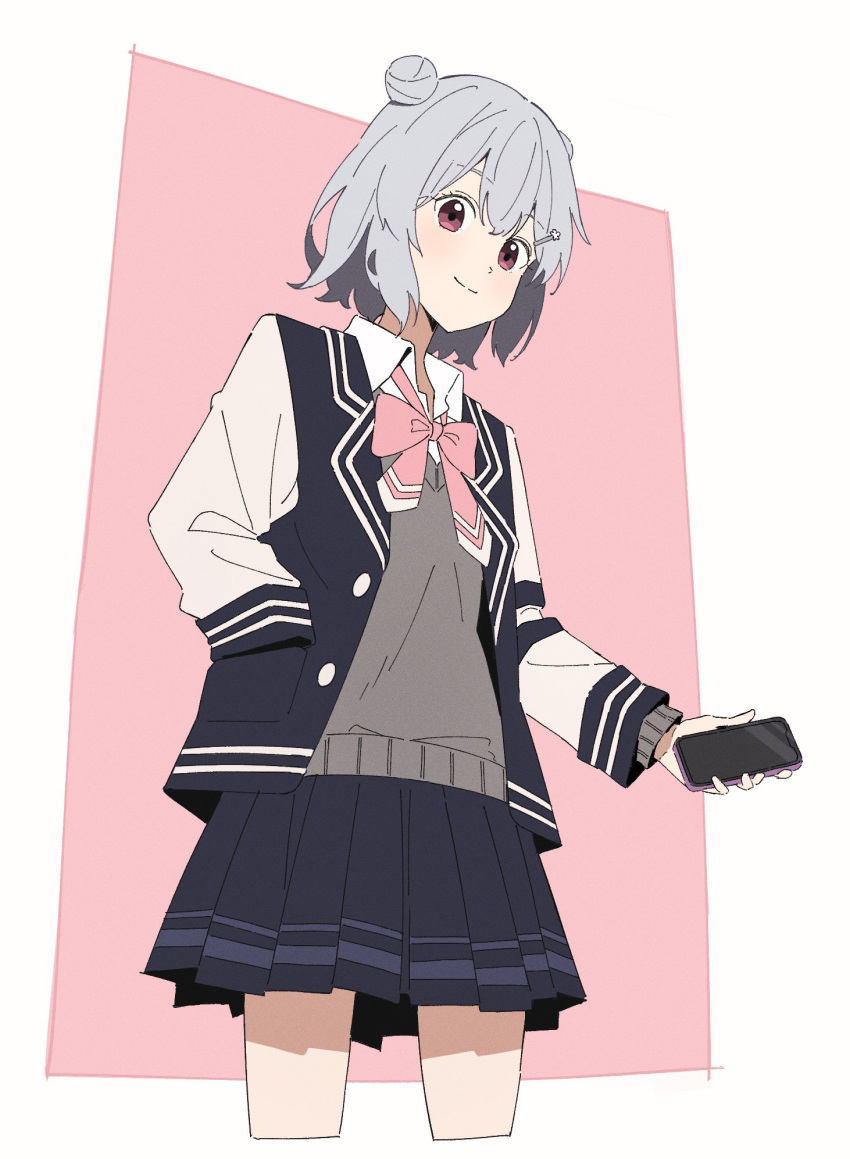 1girl, black_skirt, black_vest, bow, bowtie, buttons, cellphone, cevio