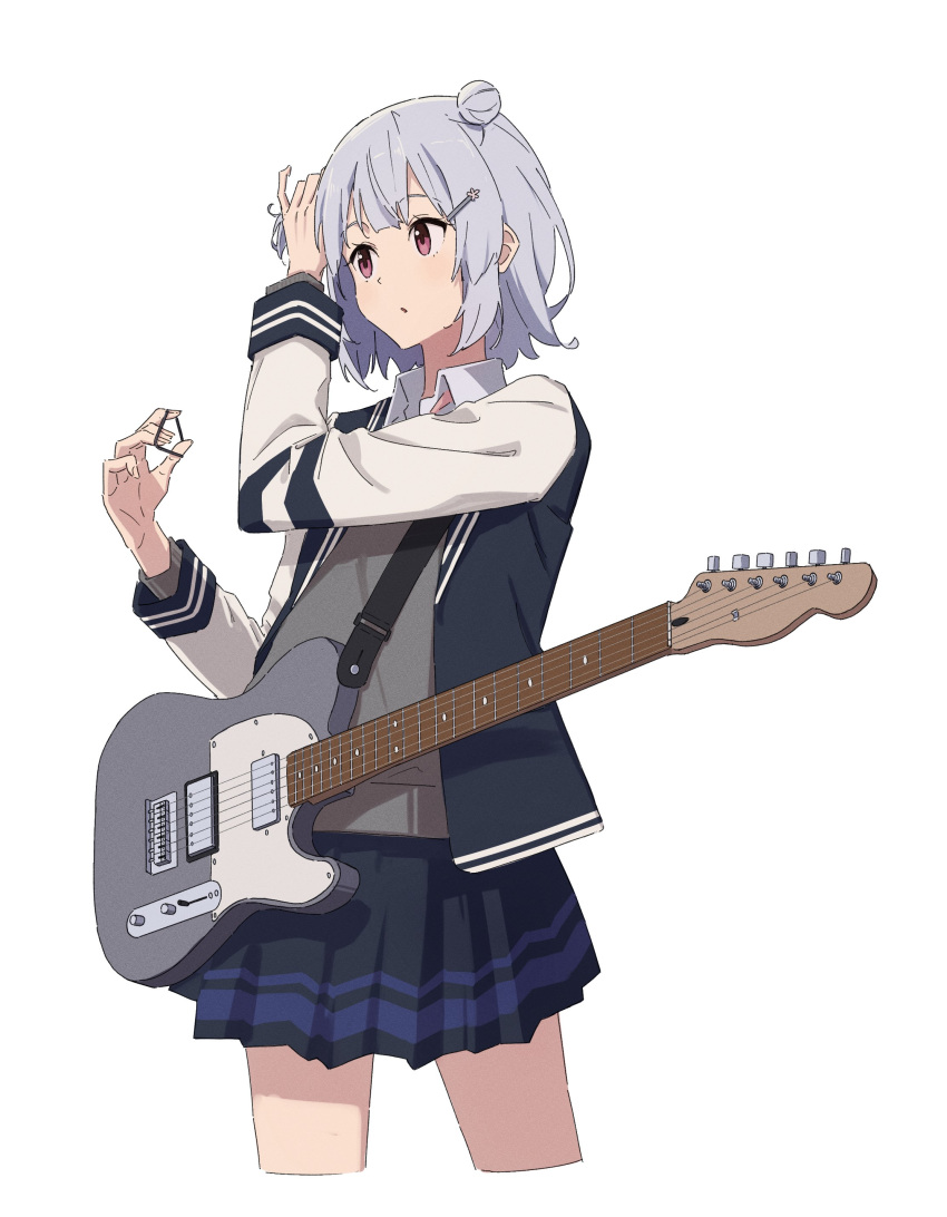 1girl, :o, absurdres, adjusting_hair, black_skirt, black_vest, cevio, collared_shirt, cropped_legs, electric_guitar, grey_sweater, guitar, hair_bun, hairband, hands_up, highres, holding, holding_hairband, instrument, koharu_rikka, long_sleeves, minatsuki_(m1natsuk1), parted_lips, pleated_skirt, purple_hair, red_eyes, school_uniform, shirt, short_hair, sidelocks, simple_background, single_hair_bun, skirt, solo, strap, sweater, synthesizer_v, vest, white_background, white_shirt