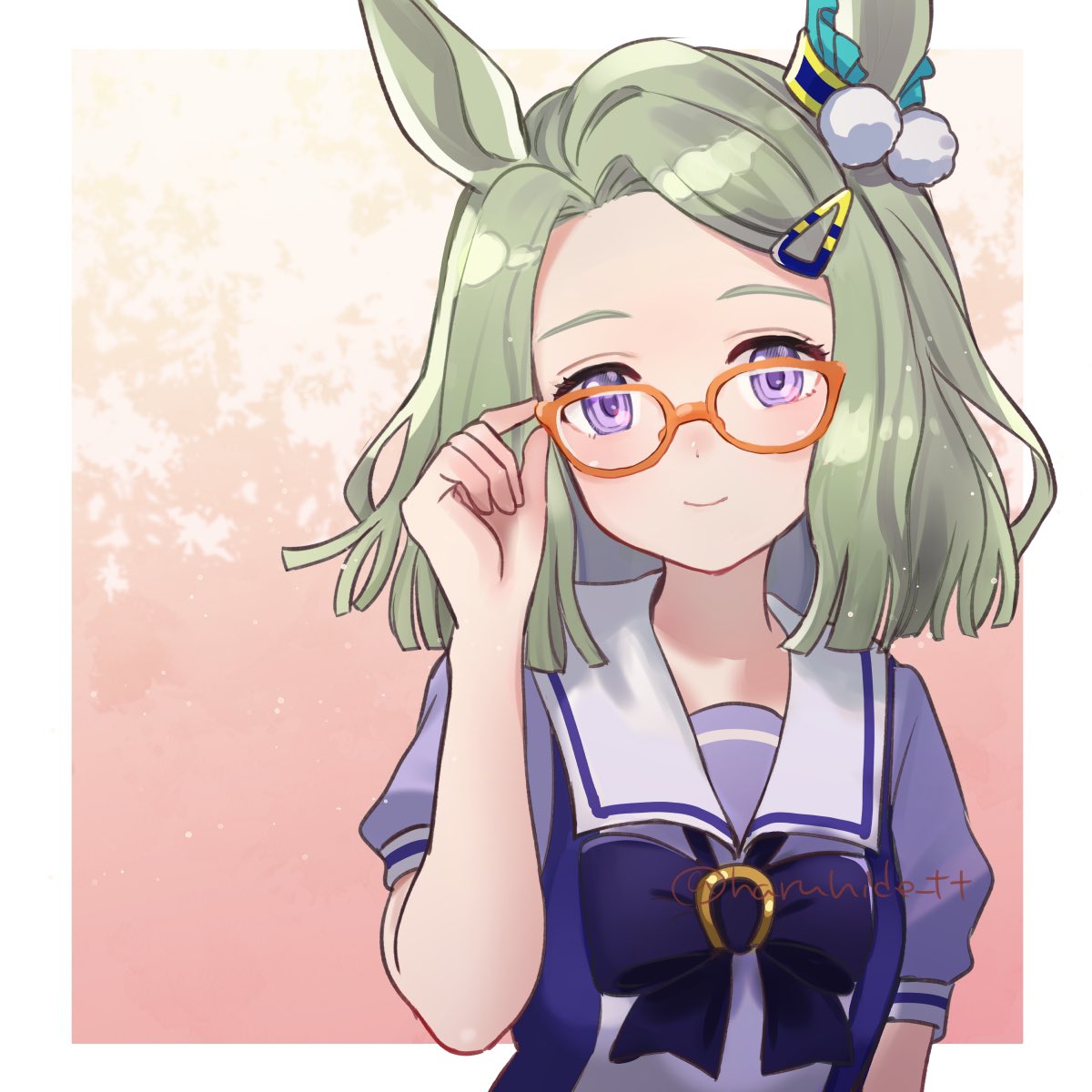 1girl, adjusting_eyewear, air_messiah_(umamusume), animal_ears, blush, breasts, glasses, grey_hair