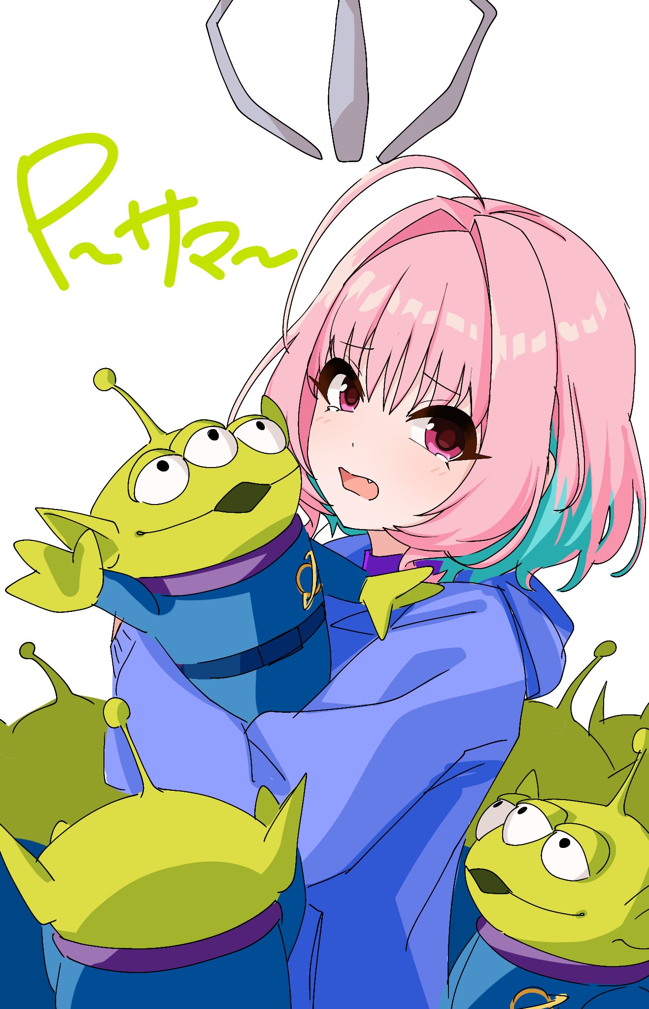 1girl, ahoge, alien_(toy_story), fang, hair_intakes, highres, holding, hood