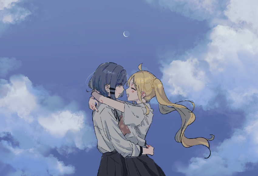 2girls, ahoge, arms_around_neck, black_skirt, blonde_hair, blue_hair, blue_sky, blush