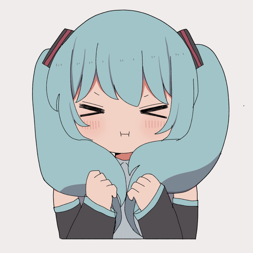 >_<, 1girl, blush, closed_eyes, cropped_torso, detached_sleeves, facing_viewer, green_hair, grey_background, hair_ornament, hands_up, hatsune_miku, highres, holding_own_hair, long_hair, long_sleeves, nekokawaii_milk, simple_background, solo, twintails, vocaloid