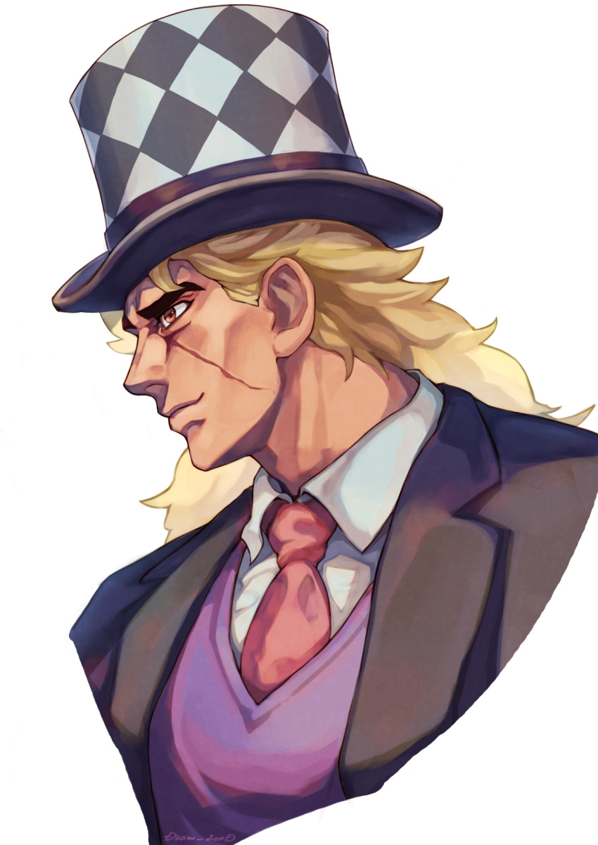 1boy, black_jacket, blonde_hair, brown_eyes, checkered_clothes, checkered_headwear, closed_mouth, collared_shirt