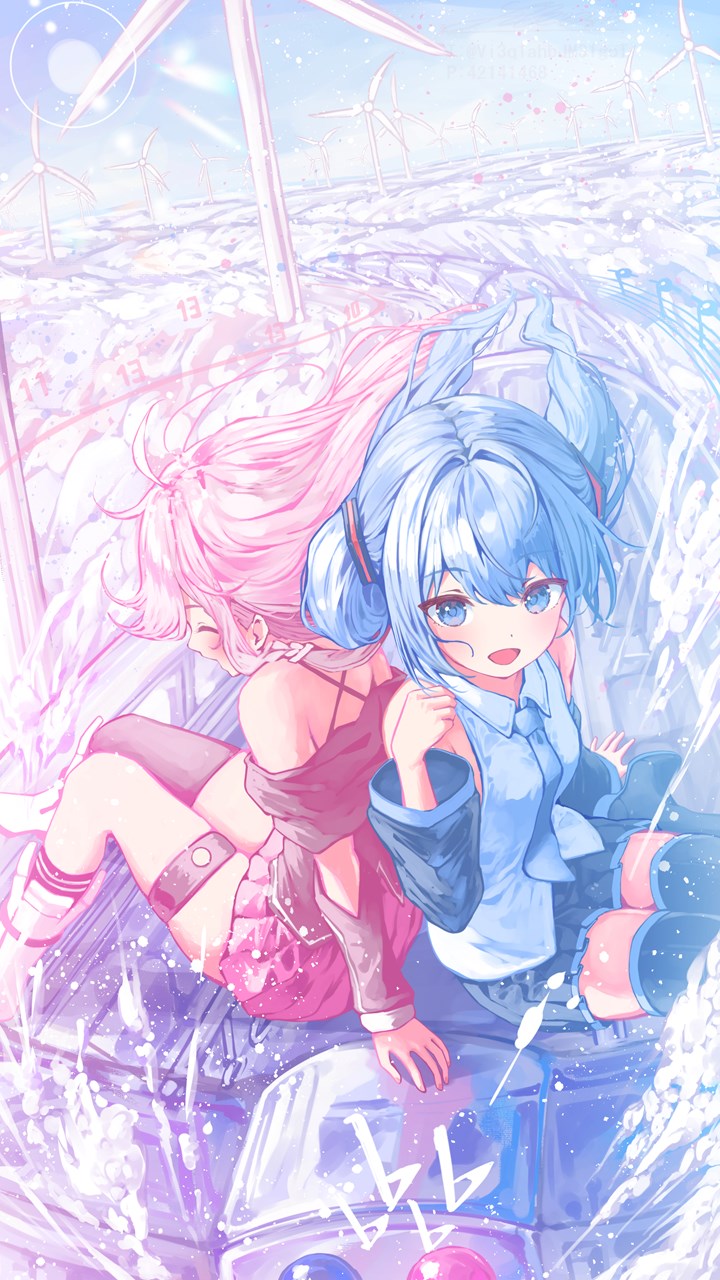2girls, back-to-back, bare_shoulders, black_skirt, blue_bow, blue_bowtie, blue_eyes, blue_hair, bow, bowtie, detached_sleeves, feet_out_of_frame, flat_sign, floating_hair, hand_up, hatsune_miku, highres, ia_(vocaloid), kuusou_ressha_(vocaloid), long_hair, looking_at_viewer, multiple_girls, open_mouth, outdoors, pink_hair, pink_skirt, pleated_skirt, shirt, shirubaa, single_thighhigh, sitting, skirt, sleeveless, sleeveless_shirt, thigh-highs, thigh_strap, train, twintails, vocaloid, white_shirt, wind_turbine