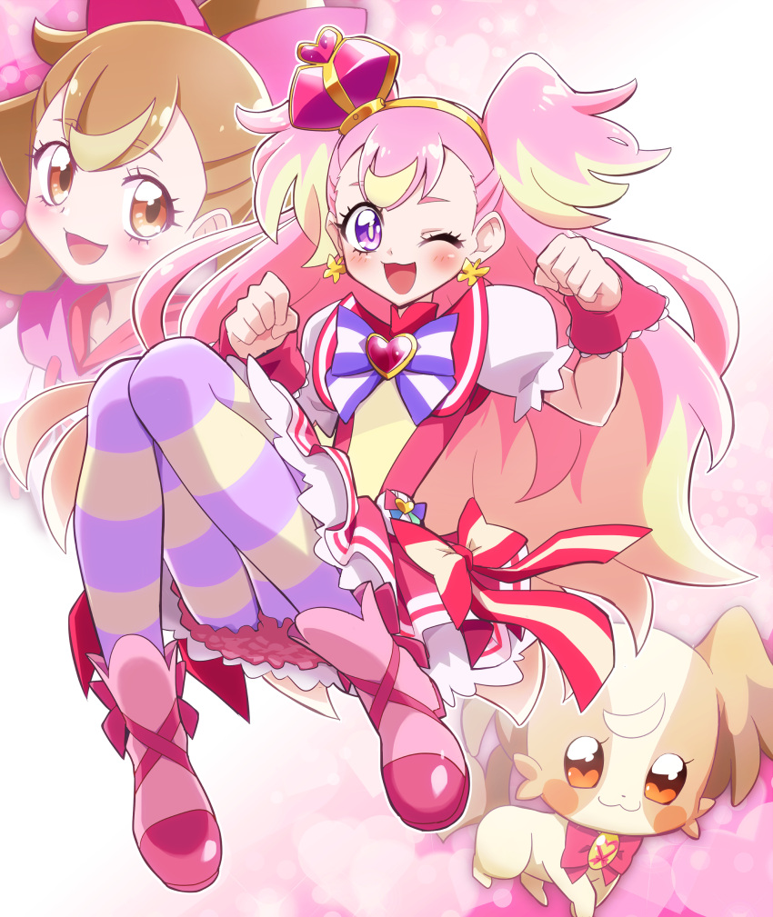 3girls, :d, ;d, absurdres, blonde_hair, blush, bow, brooch