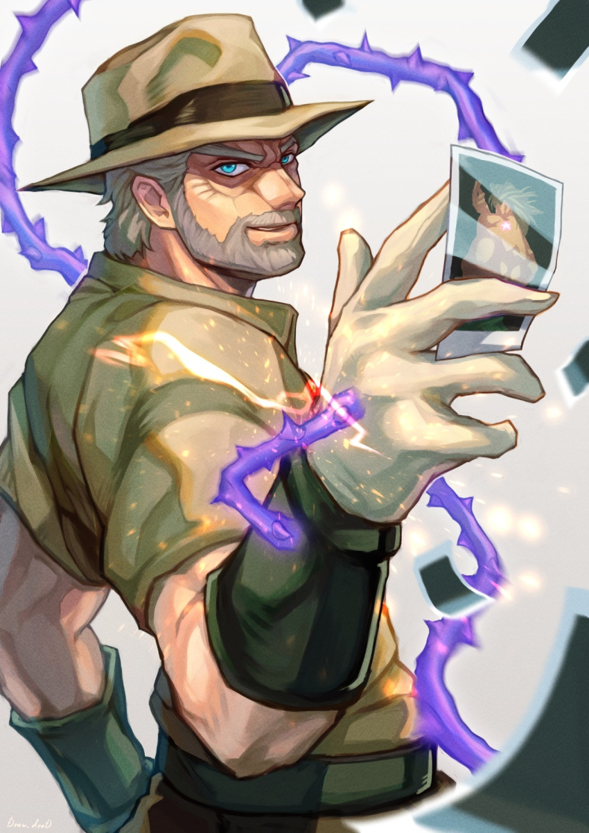1boy, beard, between_fingers, blue_eyes, brown_headwear, brown_pants, brown_shirt, commentary_request, dio_brando, dio_brando's_pose_(jojo), electricity, facial_hair, fedora, florakinesis, foreshortening, from_side, gloves, grey_hair, hat, hermit_purple, highres, holding, jojo_no_kimyou_na_bouken, jojo_pose, joseph_joestar, joseph_joestar_(old), looking_at_viewer, male_focus, old, old_man, pants, parted_lips, photo_(object), shikabane_(draw_tadao14), shirt, short_hair, short_sleeves, sideburns, smile, solo, stand_(jojo), stardust_crusaders, teeth, upper_body, v-shaped_eyebrows, white_gloves, wrinkled_skin