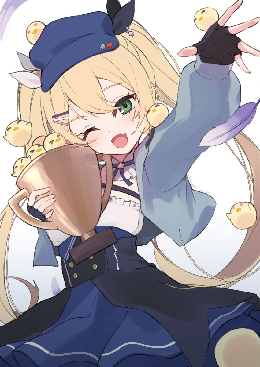>_<, 1girl, arm_up, asagawa_mikan, bird, black_gloves, blonde_hair, blue_headwear