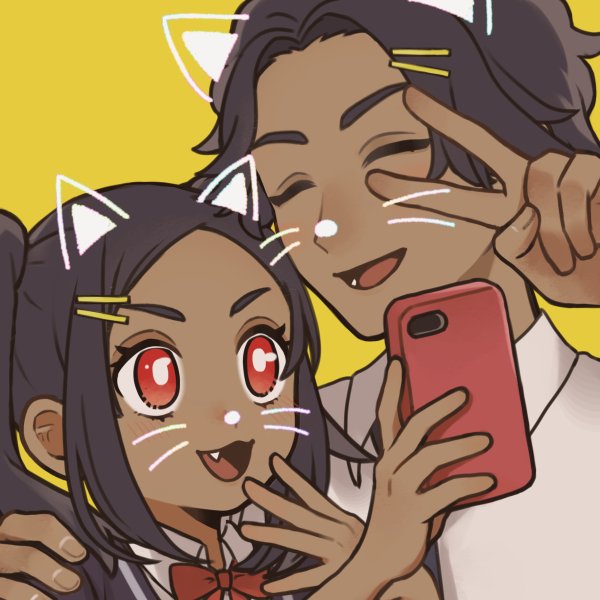1boy, 1girl, black_hair, brother_and_sister, cellphone, closed_eyes, dark-skinned_female, dark-skinned_male