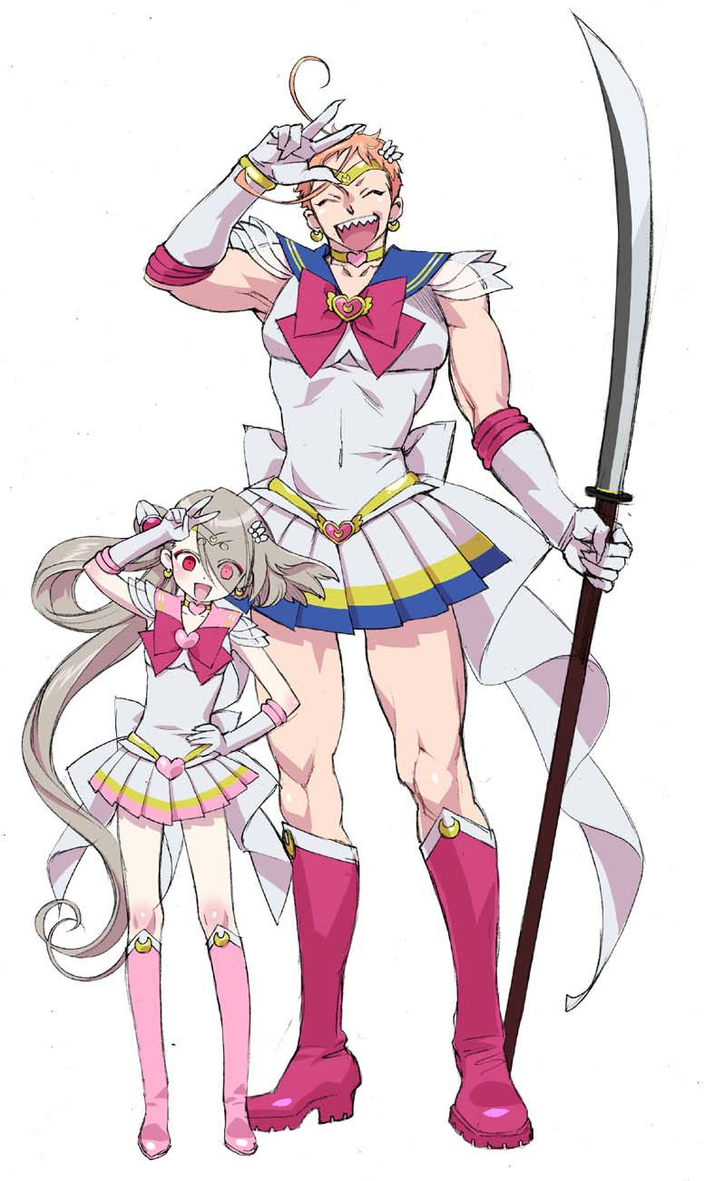 2boys, ahoge, bishoujo_senshi_sailor_moon, boots, bow, brown_hair, choker, circlet