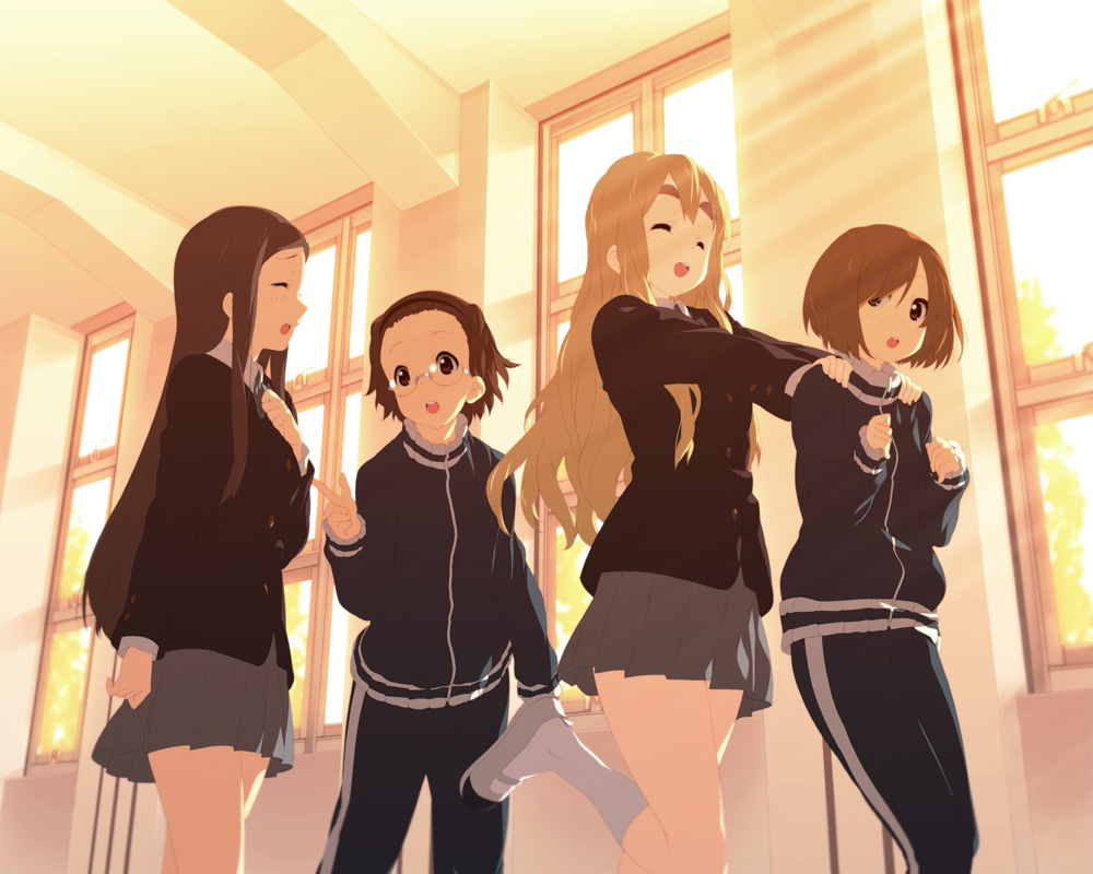 :o, blazer, blonde_hair, brown_hair, closed_eyes, extra, eyebrows, glasses, hair_over_one_eye, hairband, hand_on_shoulder, hands_on_shoulders, k-on!, kinoshita_shizuka, kneehighs, kotobuki_tsumugi, long_hair, matsumoto_mifuyu, mifuyu_(k-on!), mizuki_makoto, multiple_girls, school_uniform, shima_chizuru, shoes, short_hair, skirt, smile, socks, track_suit, uwabaki, white_kneehighs, white_legwear, window