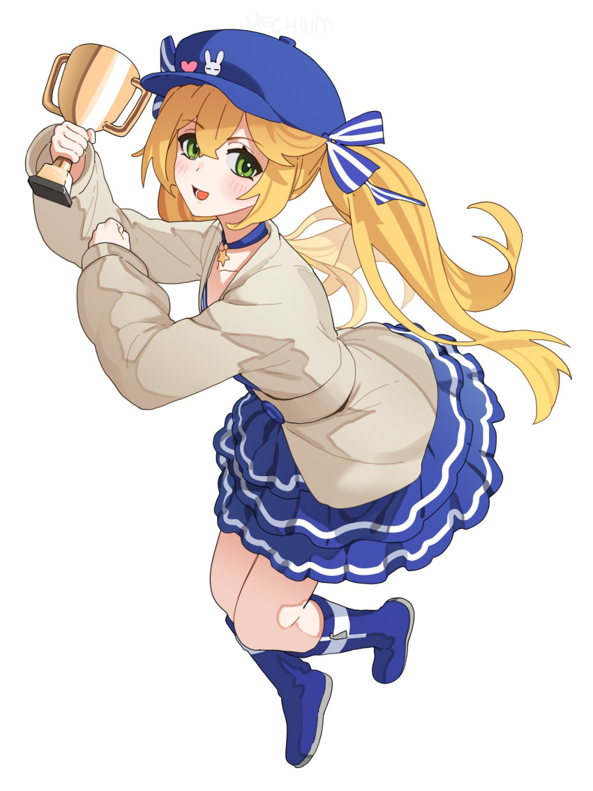 1girl, blonde_hair, blue_choker, blue_dress, blue_footwear, blue_headwear, blue_ribbon, blush