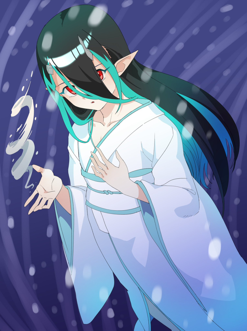 1girl, alternate_costume, alternate_hairstyle, black_hair, blue_hair, buren, commentary_request, cowboy_shot