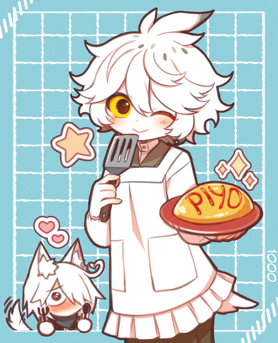 2boys, ahoge, animal_ear_fluff, animal_ears, apron, bird_tail, black_eyes, blue_background