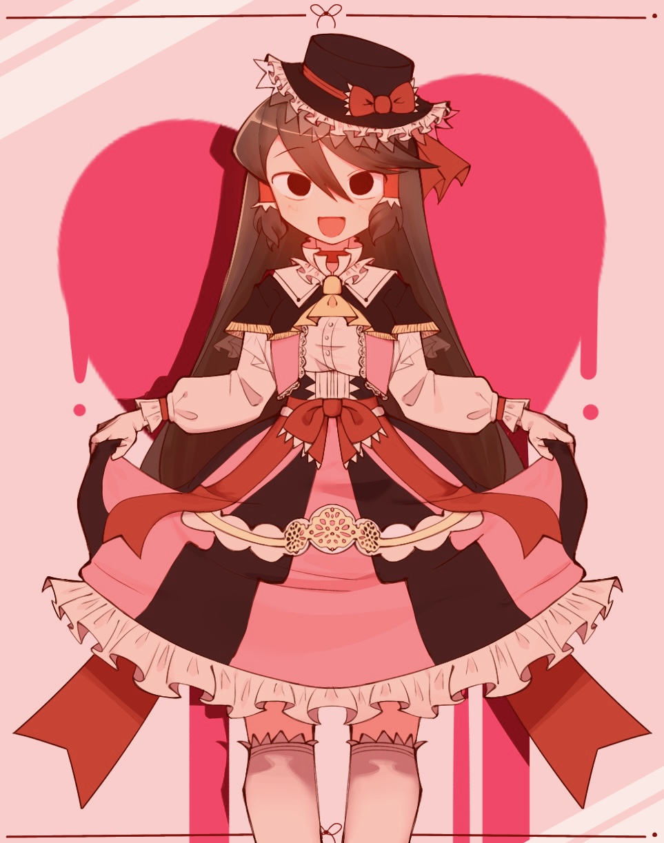 1girl, :d, ascot, black_eyes, black_headwear, black_skirt, bow, brown_hair, buttons, commentary_request, cookie_(touhou), curtsey, empty_eyes, fedora, feet_out_of_frame, frilled_hat, frilled_skirt, frilled_sleeves, frills, hair_between_eyes, hakurei_reimu, hat, hat_bow, heart, heart_background, highres, hitsuji_tamura, lace, lolita_fashion, long_bangs, long_hair, long_sleeves, looking_at_viewer, noel_(cookie), open_mouth, pink_skirt, red_bow, shirt, sidelocks, skirt, smile, socks, solo, standing, sweat, touhou, two-tone_skirt, white_shirt, white_socks, yellow_ascot