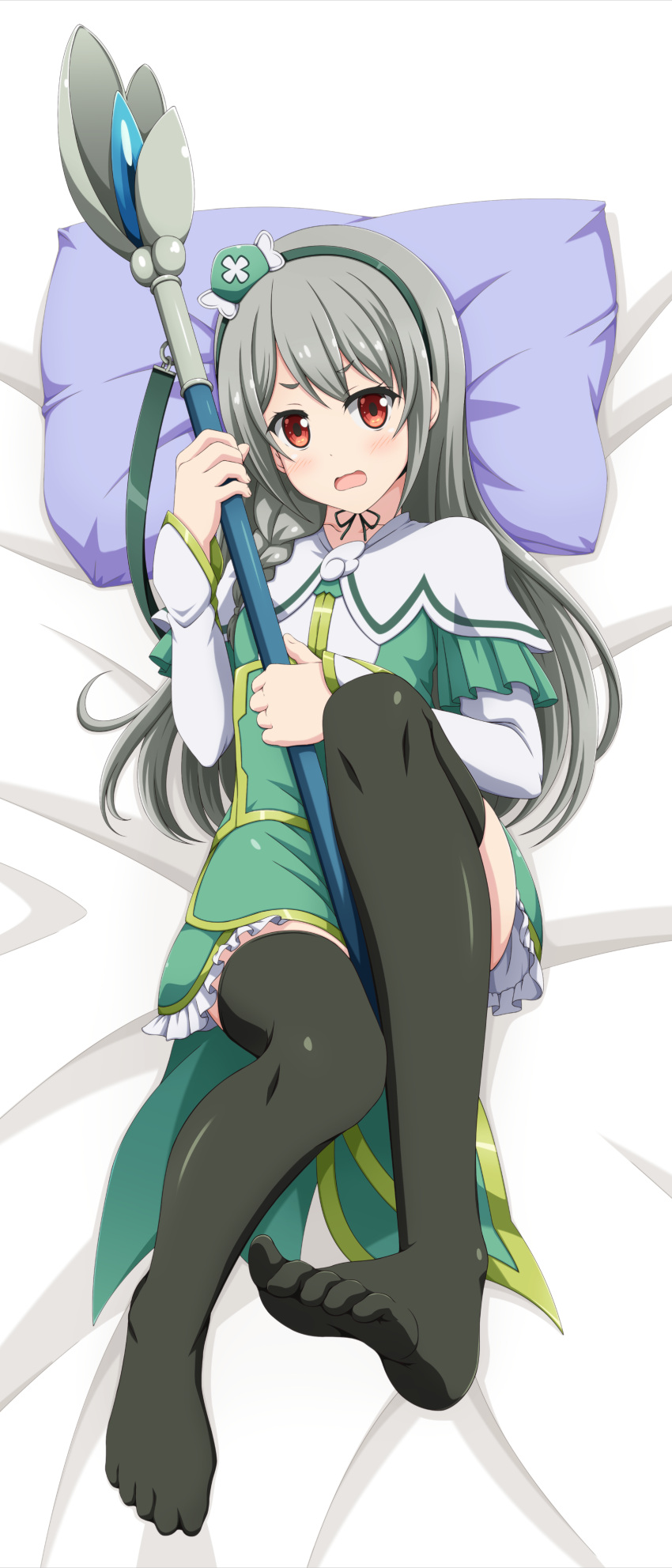 1girl, absurdres, bed_sheet, black_thighhighs, blush, capelet, dakimakura_(medium), dress
