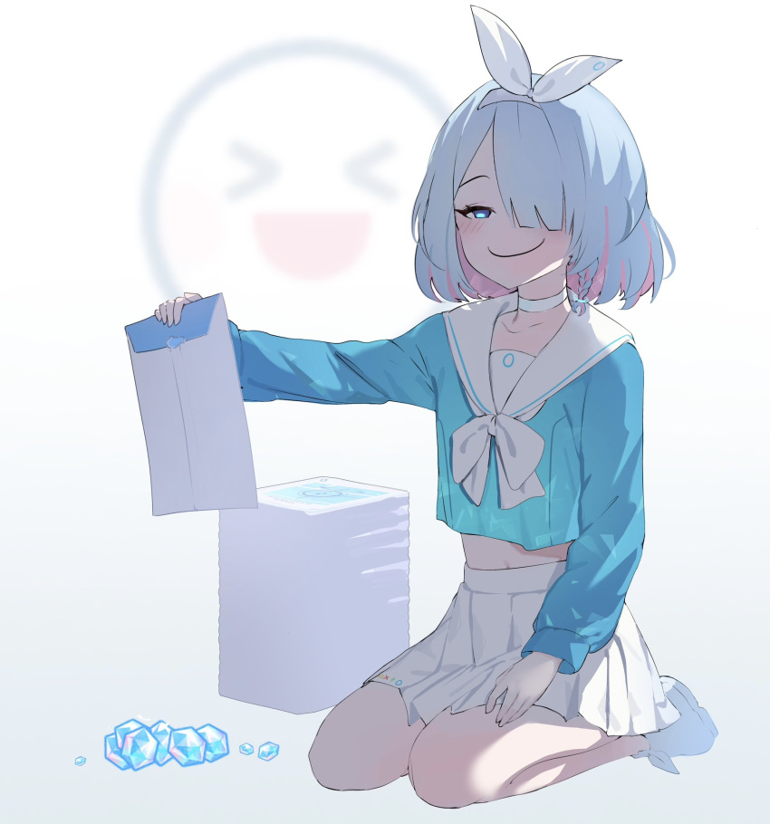 1girl, aqua_hair, arona_(blue_archive), blue_archive, blue_eyes, blush, braid, choker, commentary, envelope, full_body, hair_over_one_eye, highres, holding, holding_envelope, long_sleeves, mameownyan, pink_hair, pleated_skirt, pyroxene_(blue_archive), sailor_collar, school_uniform, serafuku, shoes, short_hair, side_braid, simple_background, sitting, skirt, smile, smug, solo, symbol-only_commentary, white_choker, white_footwear, white_sailor_collar, white_skirt