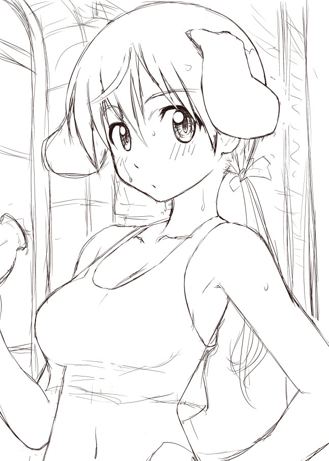 bare_shoulders, blush, dog_ears, dumbell, exercise, gertrud_barkhorn, gochou_(kedama), hand_on_hip, looking_back, midriff, monochrome, navel, sketch, strike_witches, sweat, tank_top, twintails