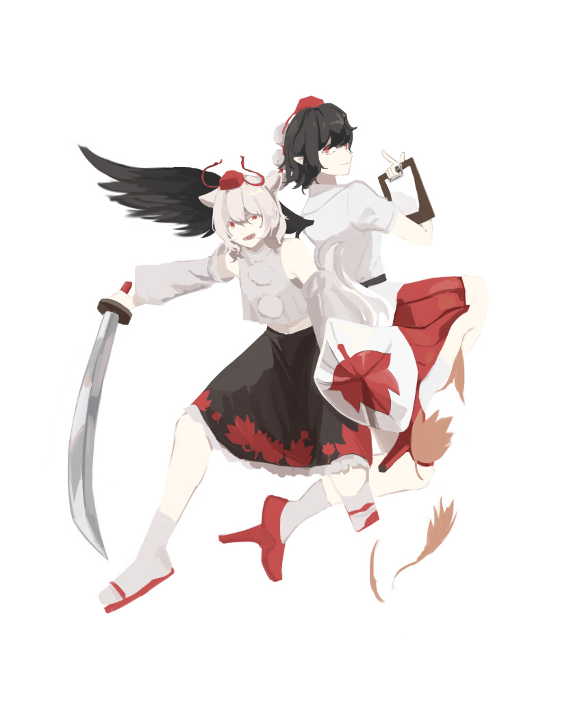 2girls, absurdres, animal_ears, back-to-back, bare_shoulders, bird_wings, black_hair, black_skirt