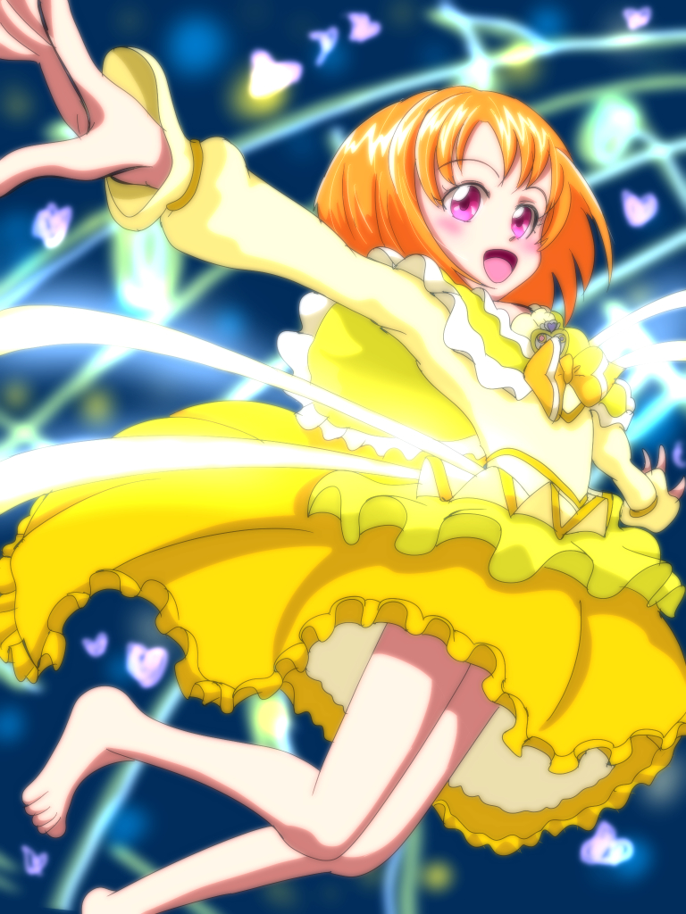 bare_legs, commission, cure_muse_(yellow), henshin, kamonan_(pixiv_id_1430057), pink_eyes, precure, suite_precure