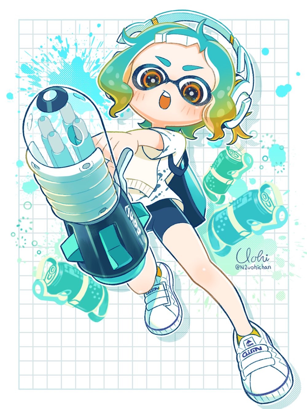 1boy, artist_name, ballpoint_splatling_(splatoon), bike_shorts, blue_hair, border, commentary_request, fizzy_bomb_(splatoon)