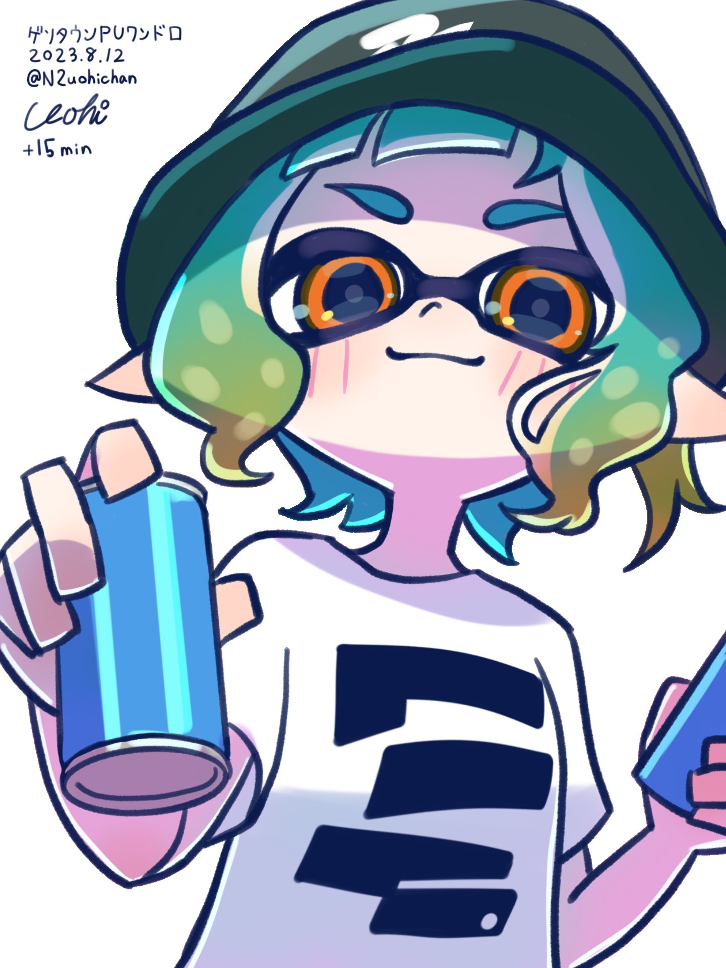 1boy, artist_name, blue_hair, can, closed_mouth, commentary_request, dated, gradient_hair