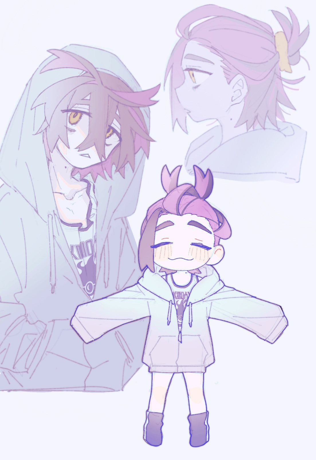 1boy, :3, black_footwear, black_hair, blush, chibi, closed_eyes, closed_mouth