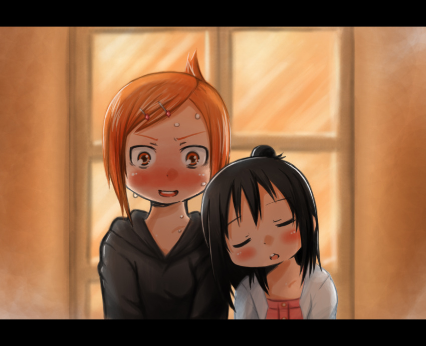 black_hair, blush, denki_(digi6598), hair_bun, hair_ornament, hairclip, highres, letterboxed