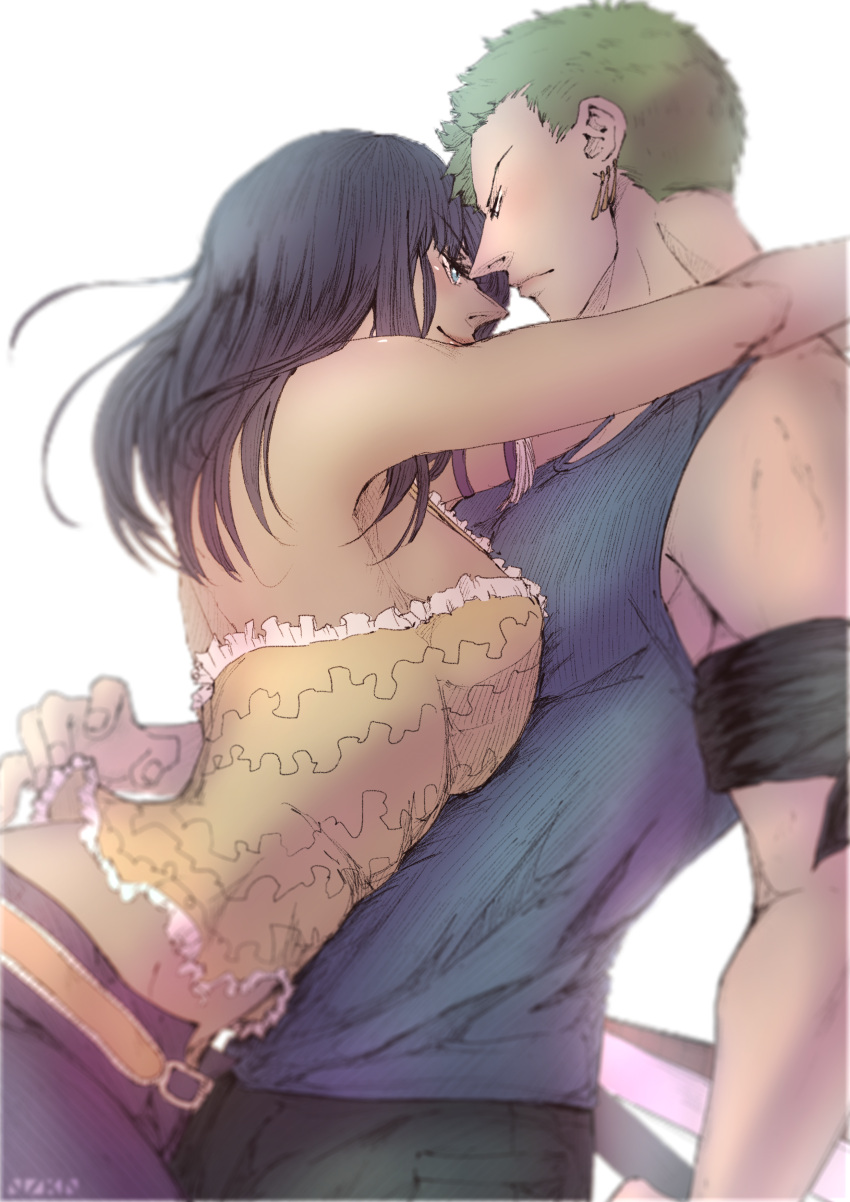 1boy, 1girl, absurdres, bandana, bandana_around_arm, black_hair, blue_eyes, blunt_bangs, closed_mouth, commentary, earrings, english_commentary, green_hair, highres, hug, jewelry, nico_robin, nzkn, one_piece, roronoa_zoro, short_hair, single_earring, smile, tank_top