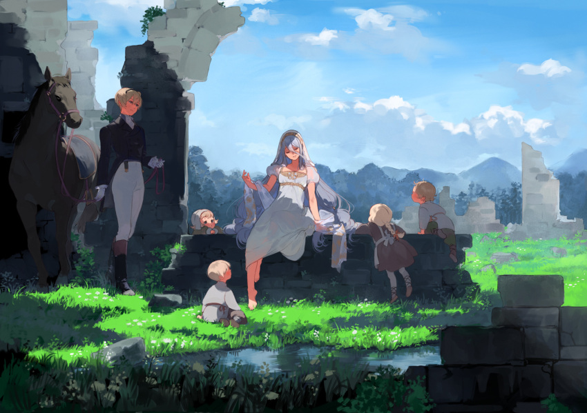 3boys, 3girls, ai-wa, animal, ankle_lace-up, apron, arm_support, ascot