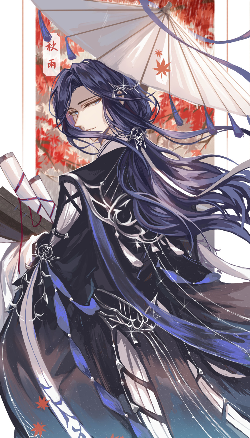 1boy, absurdres, alternate_costume, autumn_leaves, black_robe, blue_eyes, blue_hair, book, chinese_clothes, clarence_clayden, closed_mouth, cowboy_shot, dark_blue_hair, from_behind, glint, hair_ornament, hair_ribbon, hanfu, highres, holding, holding_book, holding_scroll, holding_umbrella, leaf, long_hair, long_sleeves, looking_at_viewer, looking_back, lovebrush_chronicles, low_ponytail, male_focus, maple_leaf, maple_tree, mole, mole_under_eye, oil-paper_umbrella, parted_bangs, rain, ribbon, robe, scroll, smile, snow234, solo, standing, tassel, tree, umbrella, white_ribbon, white_umbrella, wide_sleeves