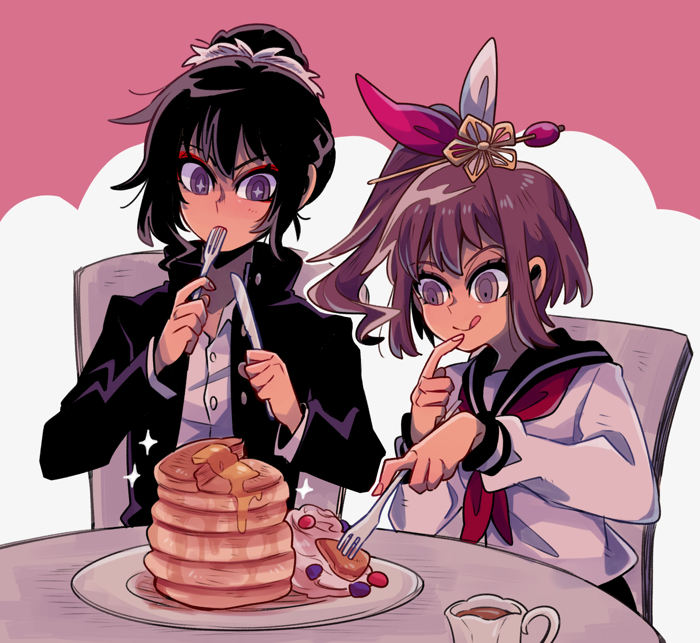 1boy, 1girl, black_hair, brown_hair, food, fork, gakuran, knife