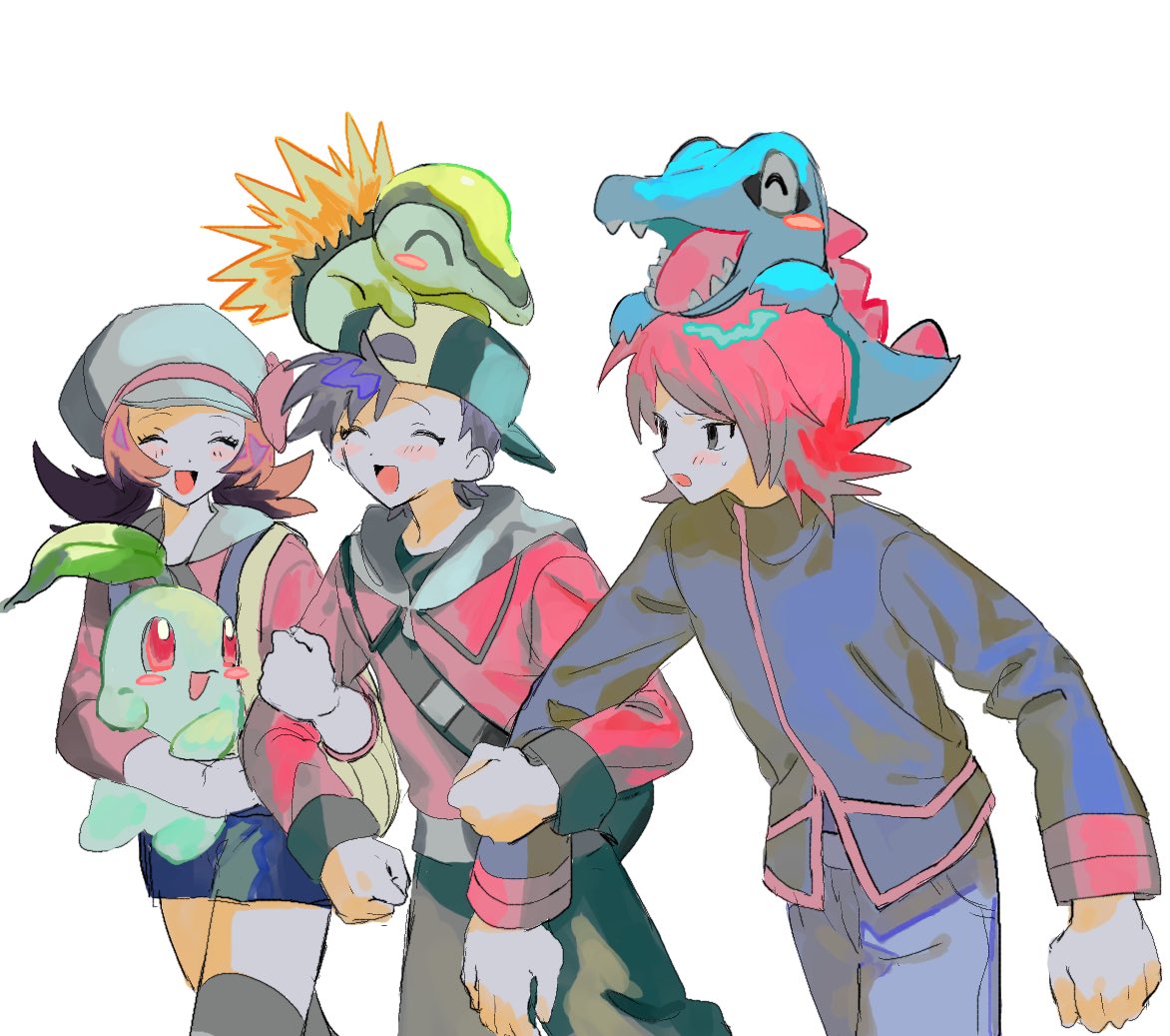 1girl, 2boys, ^_^, backwards_hat, baseball_cap, black_eyes, black_hair, black_headwear, blush, brown_hair, cabbie_hat, cael_cyndar, chikorita, closed_eyes, ethan_(pokemon), hat, hood, hood_down, jacket, kyooooi1, long_sleeves, lyra_(pokemon), multiple_boys, on_head, open_mouth, pants, pokemon, pokemon_(creature), pokemon_hgss, pokemon_on_head, redhead, shorts, silver_(pokemon), simple_background, spiky_hair, sweat, totodile, twintails, white_background, white_headwear