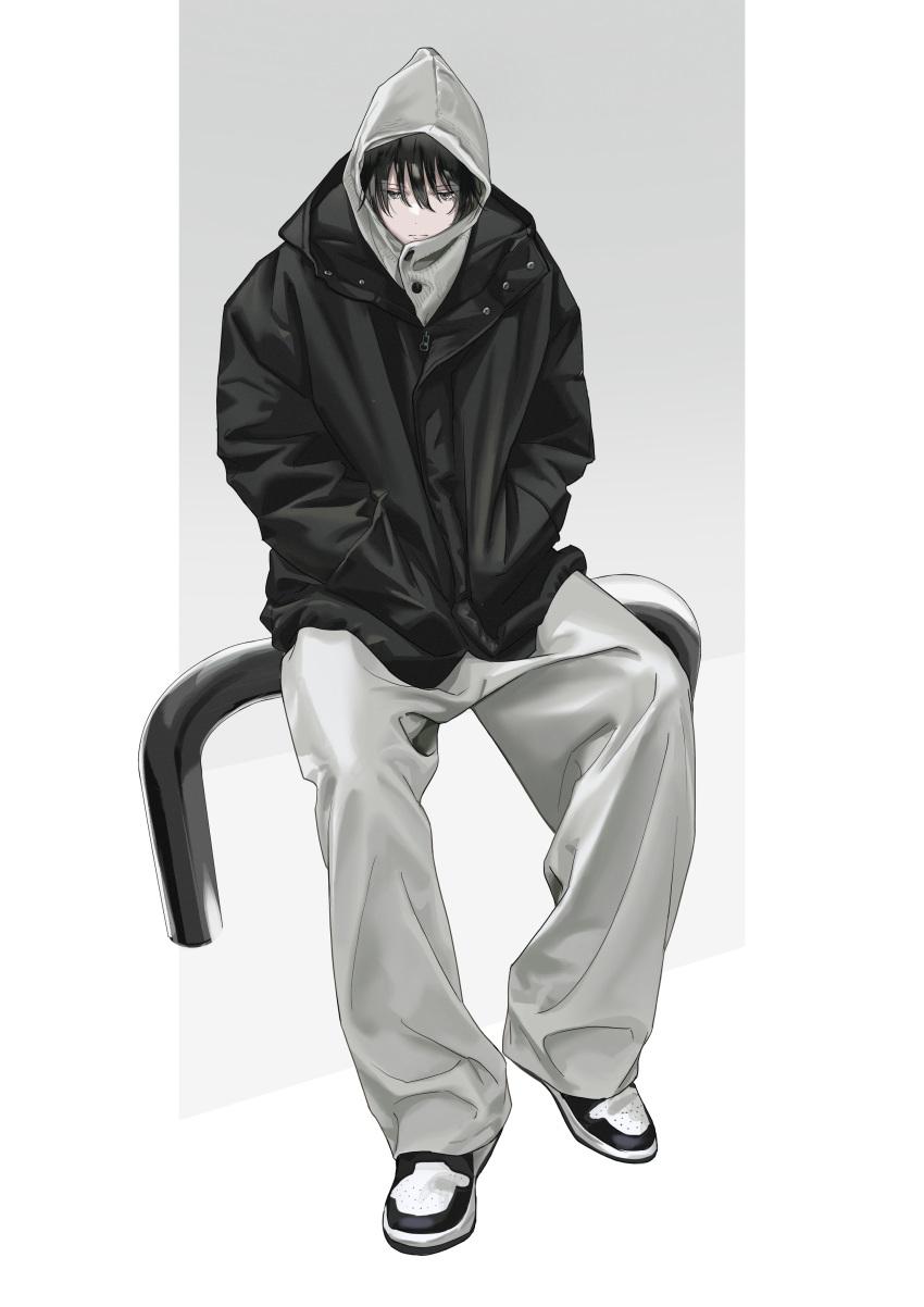 1boy, absurdres, black_footwear, black_hair, black_jacket, closed_mouth, eyelashes, frown