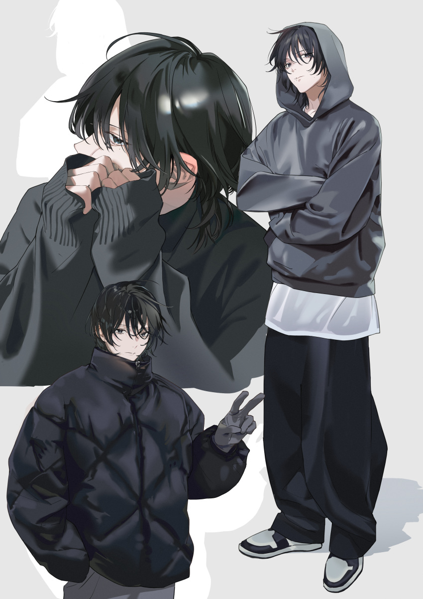 1boy, absurdres, black_footwear, black_hair, black_jacket, closed_mouth, cropped_torso, crossed_arms