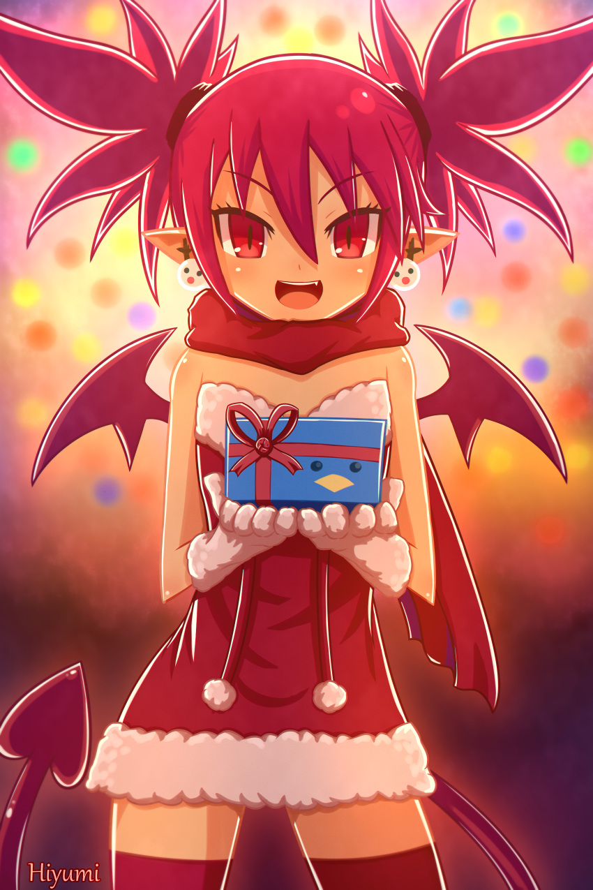 1girl, absurdres, box, christmas, cowboy_shot, demon_girl, demon_tail, demon_wings, disgaea, dress, earrings, etna_(disgaea), gift, gift_box, gloves, highres, hiyumi_x, holding, holding_gift, jewelry, looking_at_viewer, makai_senki_disgaea, open_mouth, pointy_ears, red_dress, red_eyes, red_thighhighs, redhead, santa_dress, scarf, smile, solo, tail, thigh-highs, twintails, wings