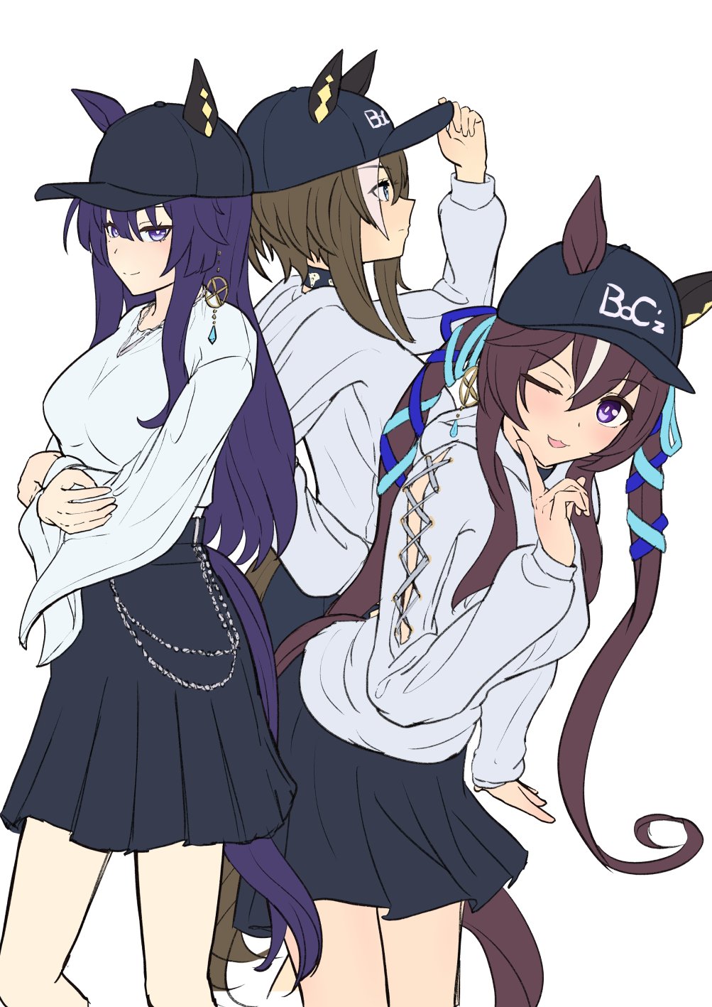 3girls, :3, ;d, agepan._(pangcha3324), animal_ears, baseball_cap, black_headwear, black_skirt