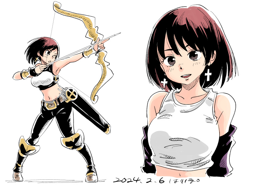 1girl, absurdres, aiming, arrow_(projectile), bare_shoulders, belt, black_eyes, black_pants