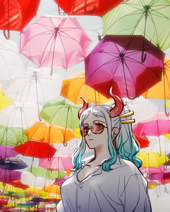 1girl, earrings, gradient_hair, green_hair, hair_ornament, hair_stick, horns, jewelry, long_hair, multicolored_hair, one_piece, orange_eyes, photo_background, raine_(acke2445), red_horns, shirt, sunglasses, too_many_umbrellas, two-tone_hair, umbrella, upper_body, white_hair, white_shirt, yamato_(one_piece)