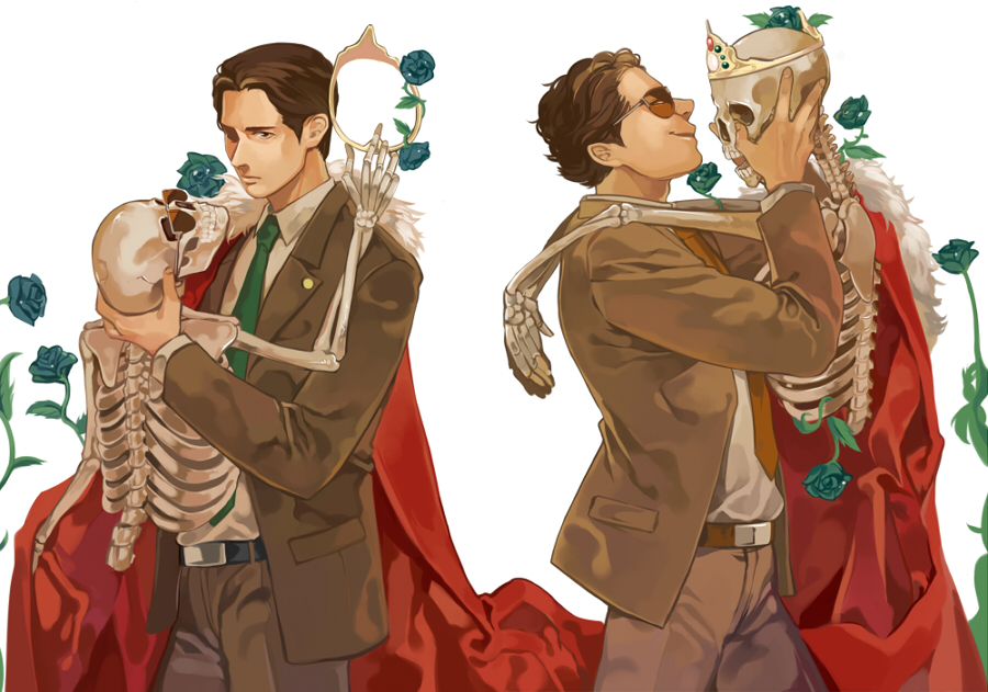 2boys, belt, black_belt, blue_flower, blue_rose, brown_belt, brown_hair, brown_jacket