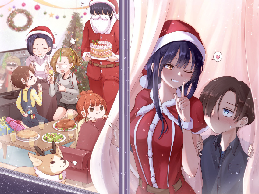 2boys, 5girls, :3, absurdres, blue_eyes, blue_hair, blush, boku_no_kokoro_no_yabai_yatsu, brown_eyes, cake, capelet, christmas, christmas_ornaments, christmas_tree, confetti, curtains, dark_blue_hair, dog, dress, finger_to_mouth, food, fur-trimmed_capelet, fur-trimmed_headwear, fur_trim, hair_over_one_eye, hat, heart, highres, ichikawa_kyoutarou, indoors, jacket, kobayashi_chihiro_(bokuyaba), long_hair, looking_at_another, multiple_boys, multiple_girls, one_eye_closed, pants, party_popper, red_capelet, red_dress, red_headwear, red_jacket, red_pants, ringed_eyes, sacra_(sacrabokuyaba), santa_costume, santa_dress, santa_hat, sekine_moeko, snowing, spoken_heart, table, television, yamada_anna, yamada_sanae_(bokuyaba), yamada_yuuki_(bokuyaba), yoshida_serina