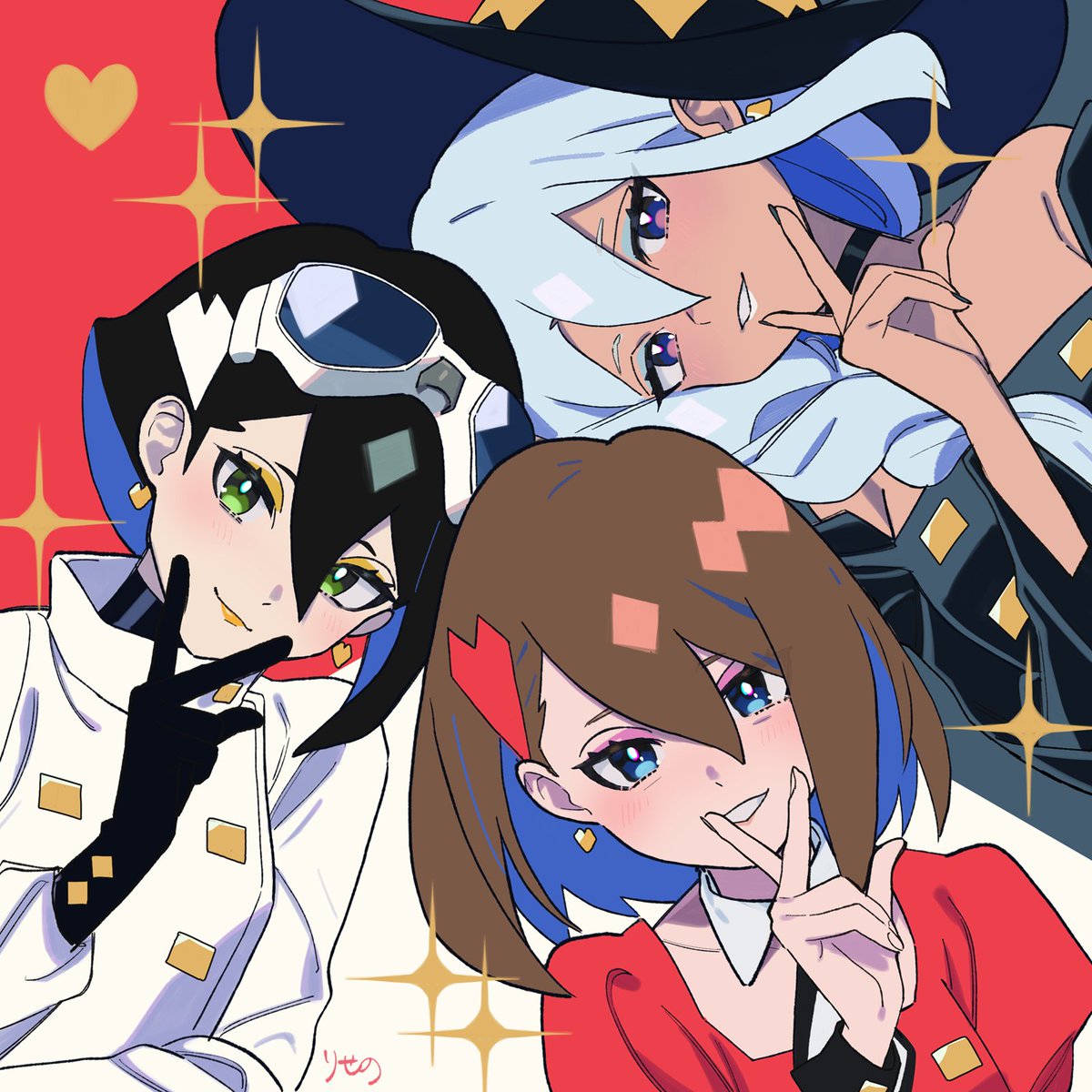 3girls, artist_name, black_gloves, black_hair, blue_dress, blue_eyes, blue_hair, blue_headwear