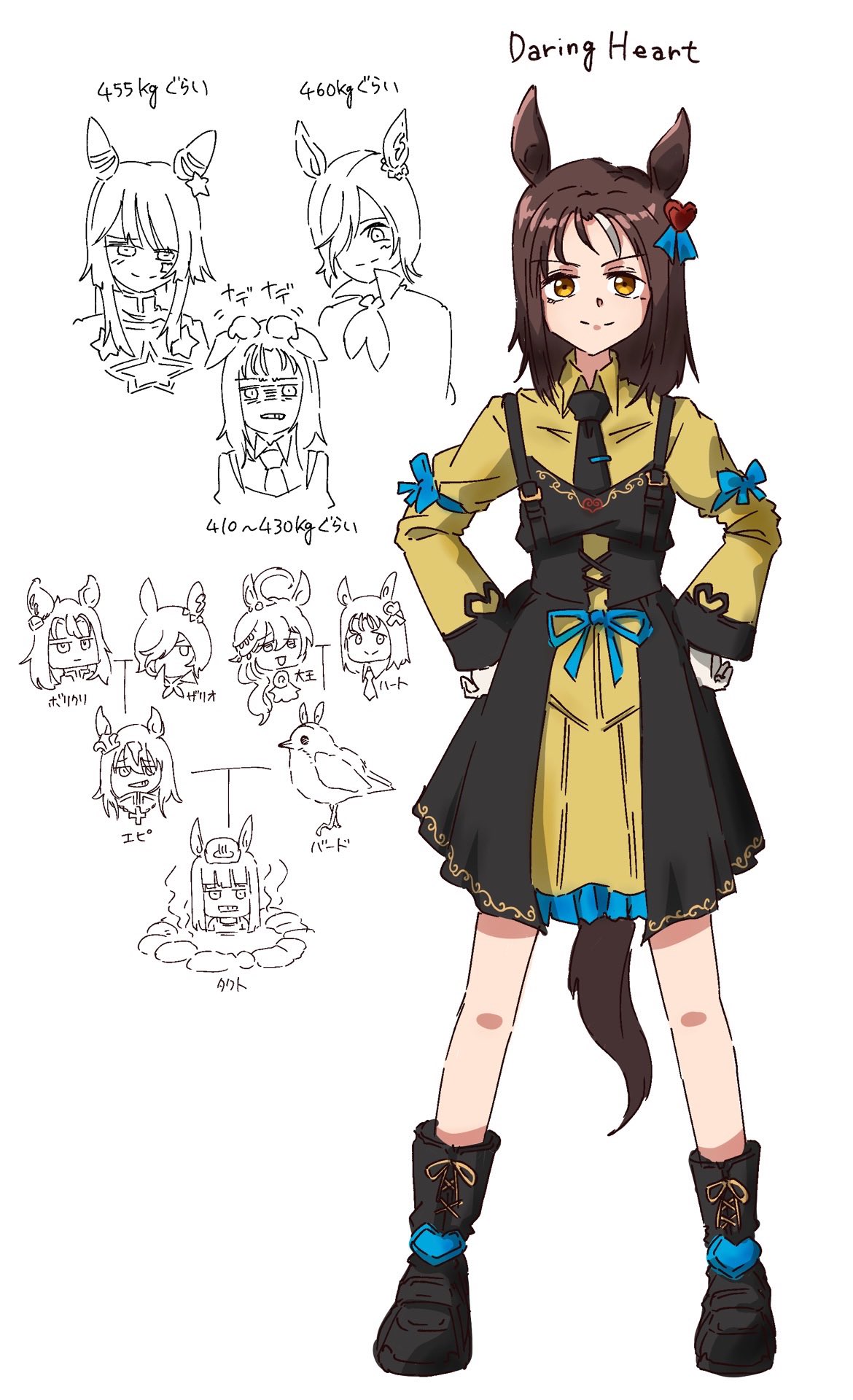 6+girls, animal_ears, animalization, bird, black_dress, black_footwear, black_necktie, boots