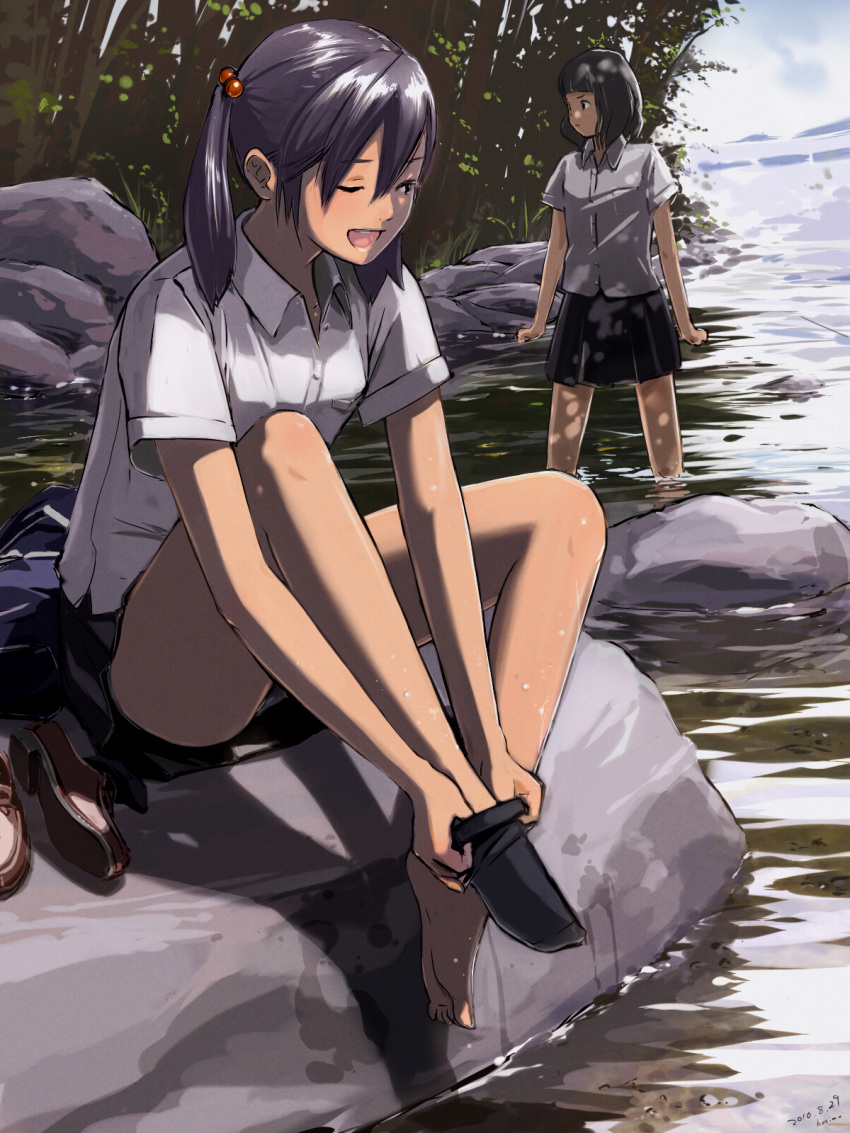 barefoot, black_hair, dress_shirt, feet, hair_bobbles, hair_ornament, highres, hosimo