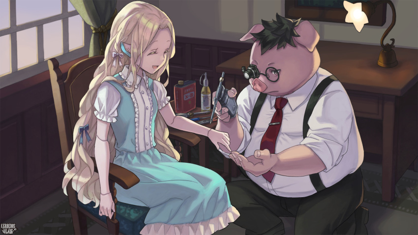 1boy, 1girl, :d, black_hair, black_pants, blonde_hair, blue_dress, bow, chair, closed_eyes, copyright_name, desk, doll_joints, dress, glasses, hair_bow, highres, indoors, joints, kakire_kika, kashiki_masahiko, kerberos_blade, lamp, necktie, oil_can, on_one_knee, pants, pig, pliers, red_necktie, shirt, short_sleeves, sitting, smile, suspenders, tie_clip, tsukioka_keru, white_shirt, window