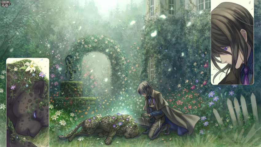 1boy, arch, black_coat, black_footwear, black_hair, black_panther, black_pants, building, coat, copyright_name, day, fence, floral_arch, flower, fujimori_kageyomi, grass, highres, jaguar, kerberos_blade, necktie, outdoors, pants, picket_fence, purple_necktie, squatting, tsukioka_keru, violet_eyes, water_pump, well, wooden_fence