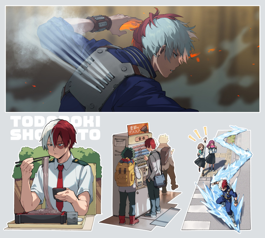 2girls, 3boys, arm_up, backpack, bag, bakugou_katsuki, belt, bento