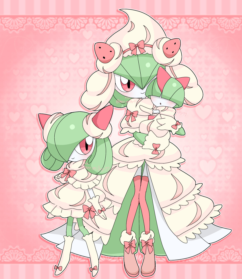 1other, 2girls, alcremie, alcremie_(cosplay), alcremie_(strawberry_sweet), alcremie_(vanilla_cream), alternate_hairstyle, arms_at_sides