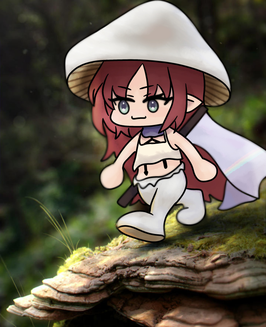 absurdres, arknights, bigsquinky, chibi, dwarf, flag, green_eyes, grin, highres, long_hair, meme, mushroom, mushroom_hat, myrtle_(arknights), photo_background, pointy_ears, real_life_insert, redhead, smile, smurf_cat_(meme), tank_top, very_long_hair, walking