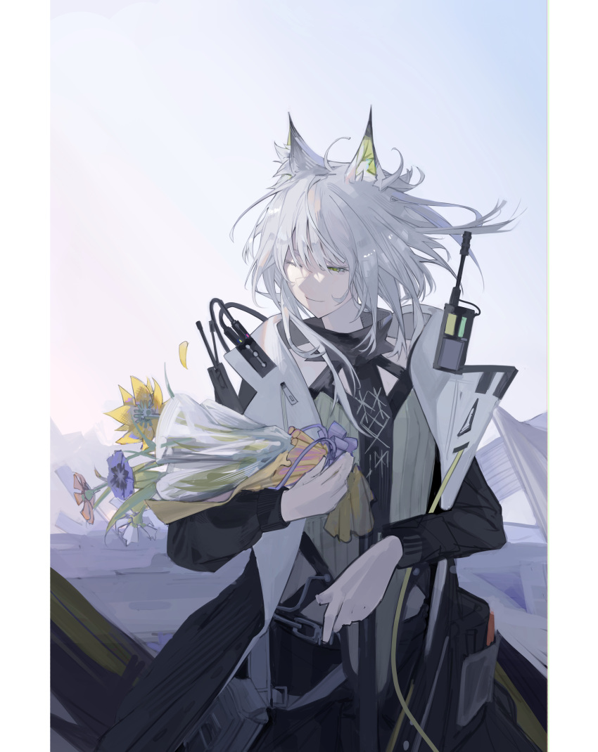 1girl, absurdres, animal_ear_fluff, animal_ears, arknights, asymmetrical_hair, ay4_la, black_coat, bouquet, cat_ears, cat_girl, chinese_commentary, closed_mouth, coat, commentary, cowboy_shot, floating_hair, green_eyes, green_shirt, highres, holding, holding_bouquet, kal'tsit_(arknights), kal'tsit_(remnant)_(arknights), long_sleeves, medium_hair, official_alternate_costume, one_eye_closed, open_clothes, open_coat, pillarboxed, shirt, sidelocks, smile, solo, white_hair