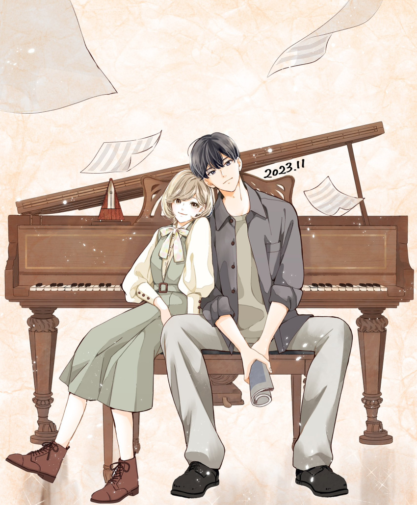 1boy, 1girl, asato_masumi, aza-koi, black_eyes, black_footwear, breast_pocket, closed_mouth